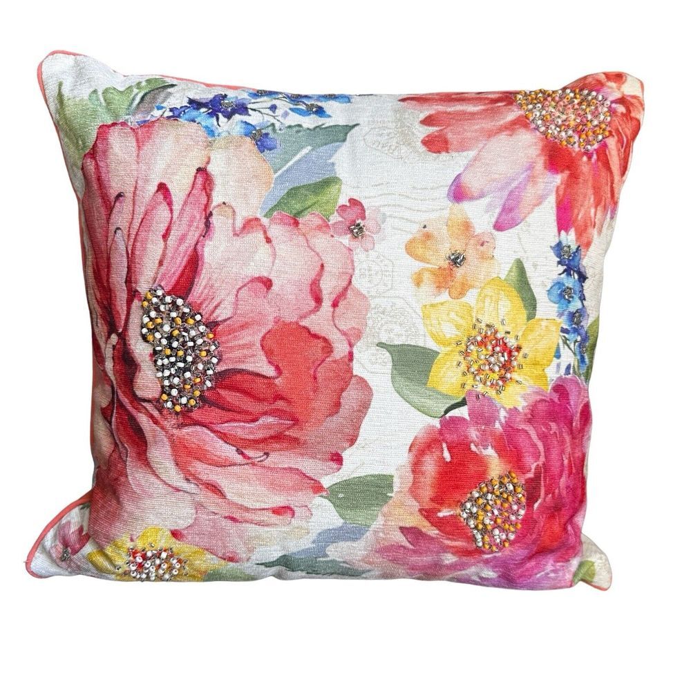 Floral Throw Accent Pillow‎ 18 Inch Beads Tropical Flower Easter Spring Colors